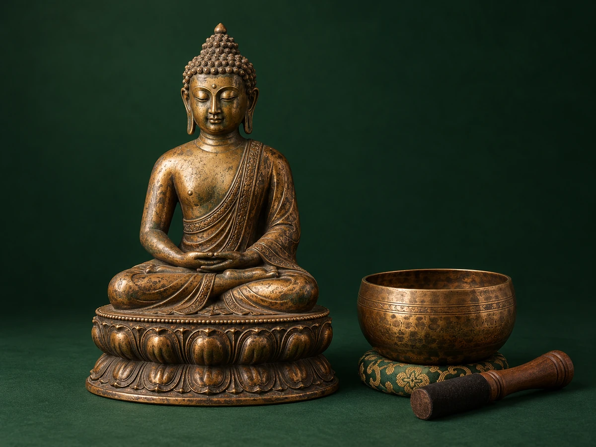 Bronz Buddha-szobor lótusztalapzaton, hangtállal és fa ütővel.